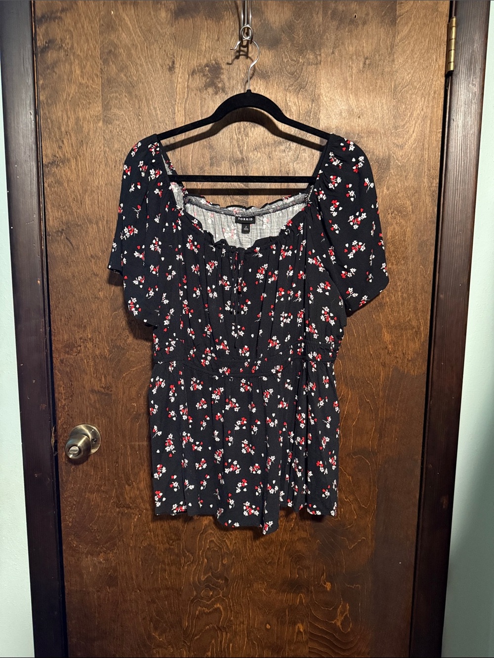 torrid Black Floral Short-Sleeve Peasant Tunic with Red & White Blooms